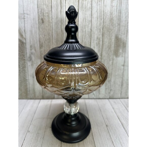 Vtg Decorative Brown Amber Swirl Glass Bowl W/Metal Pedestal & Lid 12.5" Tall - Picture 1 of 14